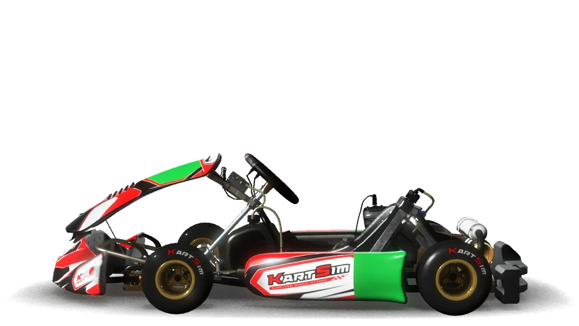 Side profile render of an X30 Junior UK-spec kart from KartSim Pro UK software, featuring a junior-sized chassis, CIK-FIA Nassau panel and side pods, IAME X30 Junior engine, slick racing tyres with KartSim branding, and green-and-red bodywork compliant with MSA junior karting regulations.
